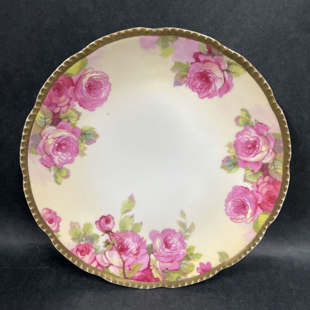 VTG ROYAL RUDOLSTADT Prussia Hand Painted PINK ROSES 8.5” Plate Gold Trim